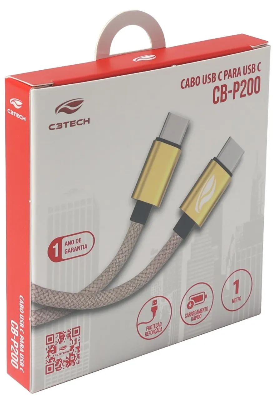  Cabo Cel C3Tech USB-C para USB-C 1M 3A CB-P200GD Cabo Revestido - WZetta - Foto 2