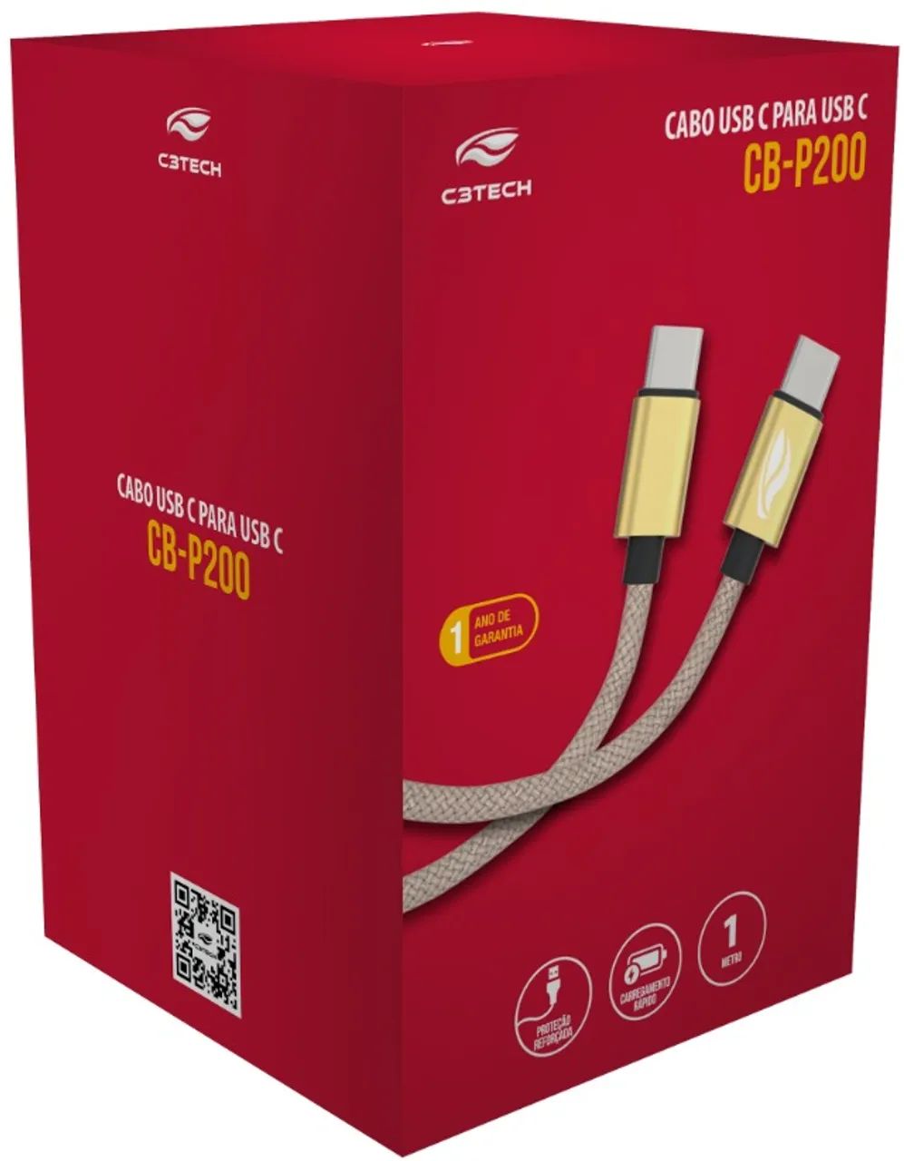  Cabo Cel C3Tech USB-C para USB-C 1M 3A CB-P200GD Cabo Revestido - WZetta - Foto 4