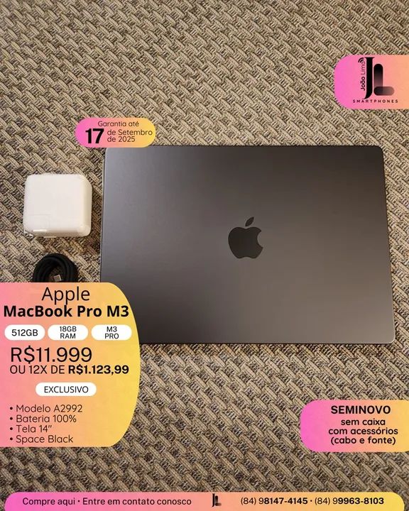 MACBOOK PRO M3, 512GB, 18GB RAM, M3 PRO, TELA 14?, SEMINOVO NA GARANTIA,, EXCLUSIVO!