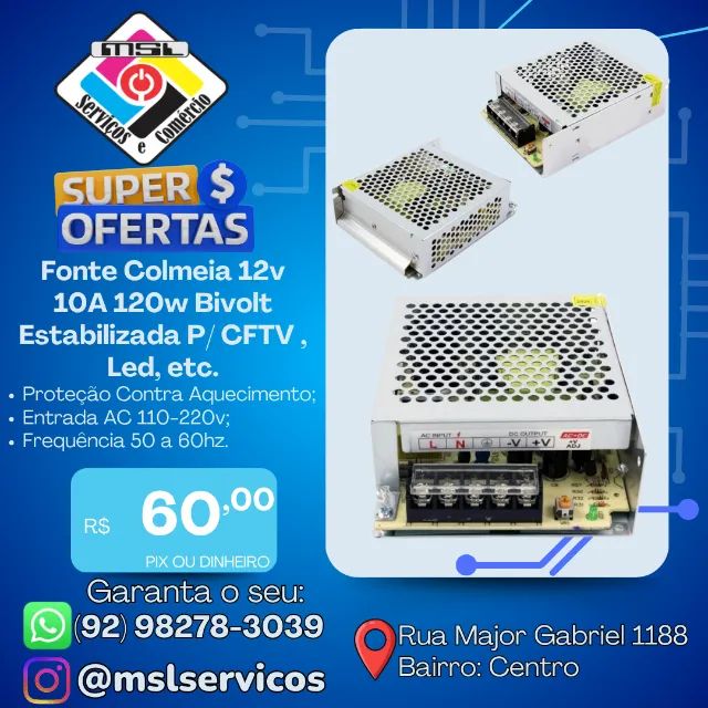 Fonte Colmeia 12V 10A 120W Bivolt Estabilizada - Ideal p/ CFTV, LED, Som, Eletrônicos etc