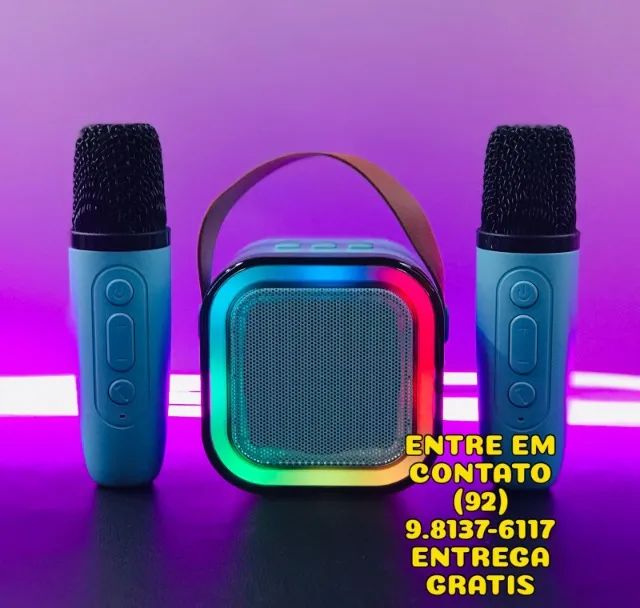 Caixinha Karaoke Mini Com 2 Microfones Sem Fio Portatil -  Entrega das 9 até 22hrs