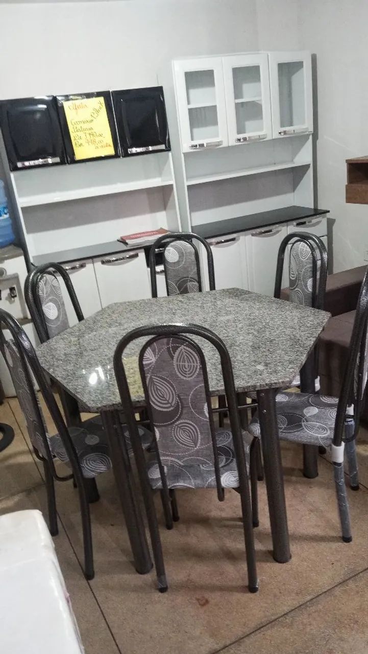 Mesa sextavada 6 cadeiras granito nova