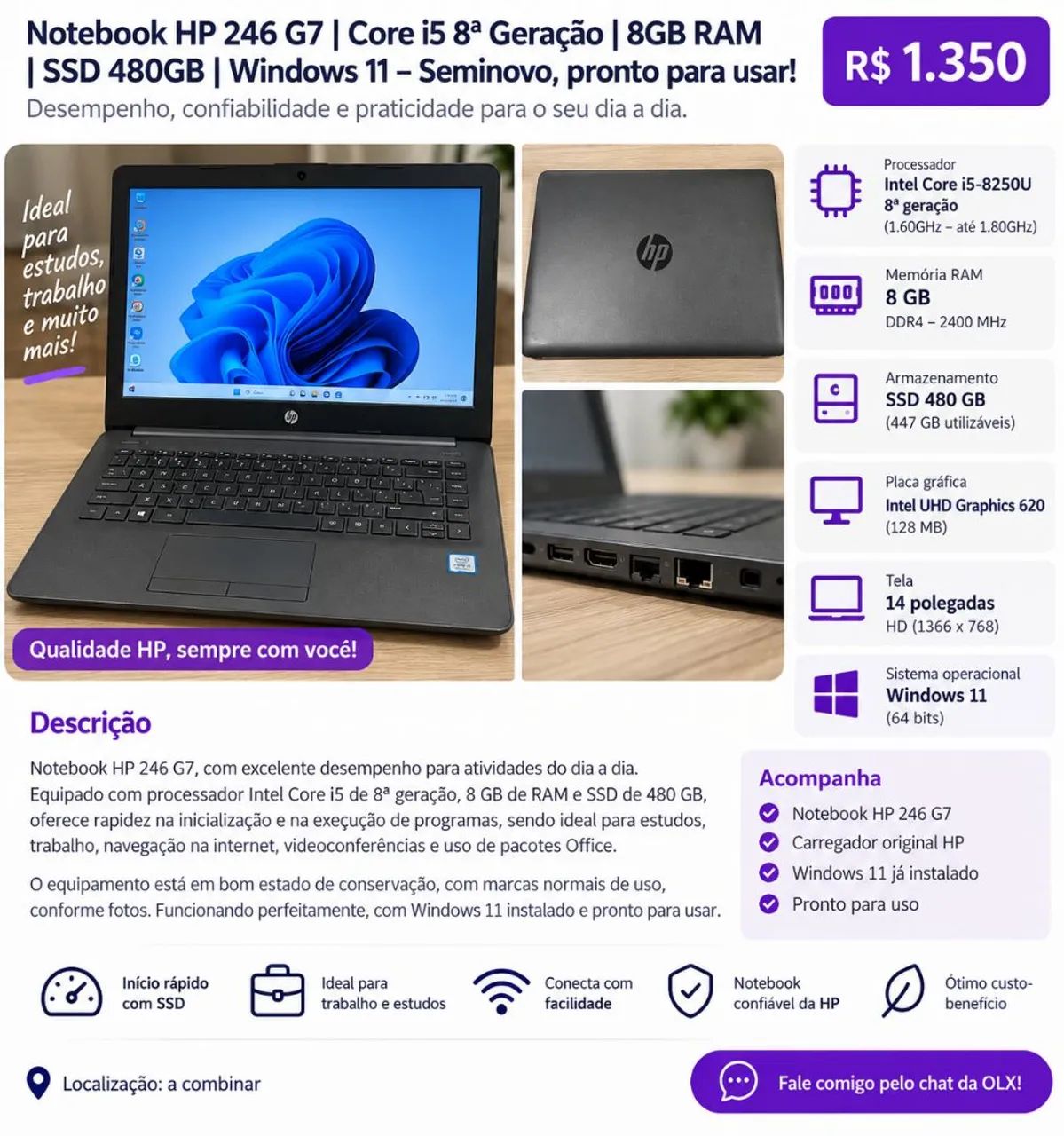 Notebook HP 246 G7 i5 8ª Geração | 8GB RAM | SSD 480GB | Windows 11 - Foto 4