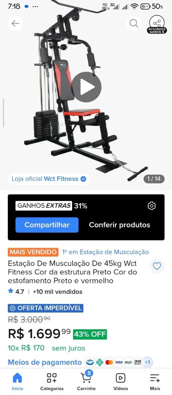 Estação de musculação ,aceito cartão de crédito e débito 