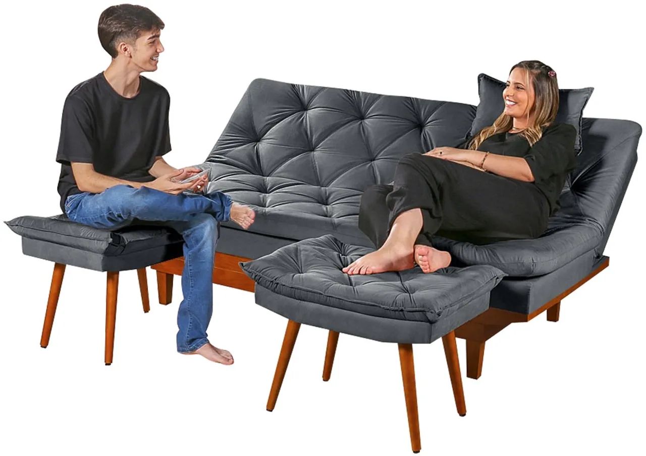 Sofá-cama 3 lugares em suede + 2 banquetas