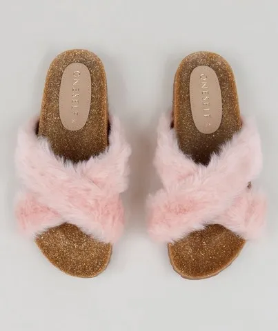 Sandália cea papete felpuda rosa