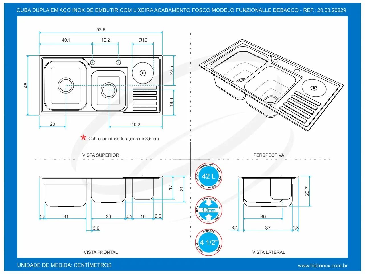 Cuba Dupla com Lixeira Funzionale 920x450x230mm - Debacco - Foto 5