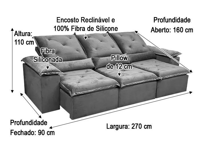 Sofá Retrátil 3 Lugares 270cm Veludo Azul Acari - Foto 5