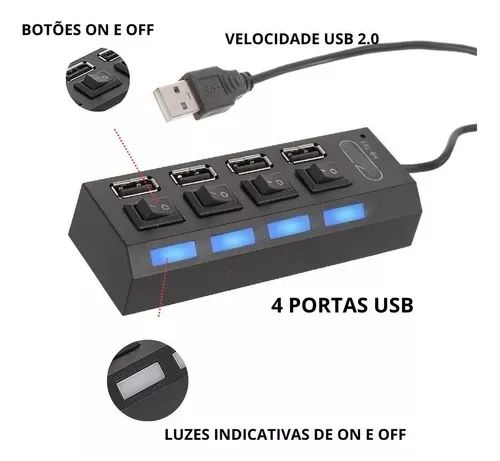 Hub Cabo Usb 2.0 Extensor 4 Portas High Speed Hd Pen Drive