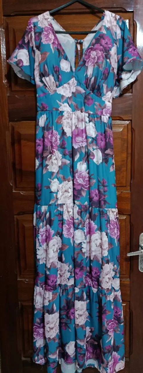Vestido Longo Floral Azul e Roxo Tam m