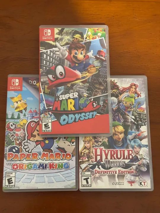 3 Jogos Nintendo Switch - Super Mario Odyssey, Paper Mario Origami King e Hyrule Warriors