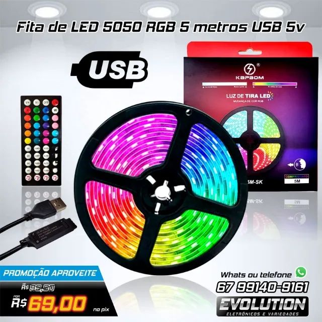 Fita de Led 5050 RGB Inteligente com Sensor de Som 5 metros Kapbom