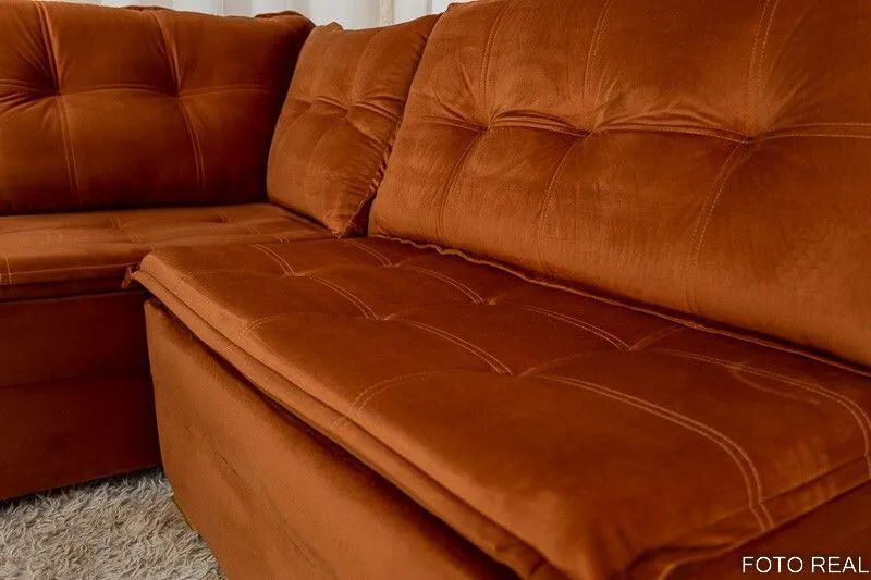 Sofá de Canto 5 Lugares com Puff Veludo Terracota - Foto 4