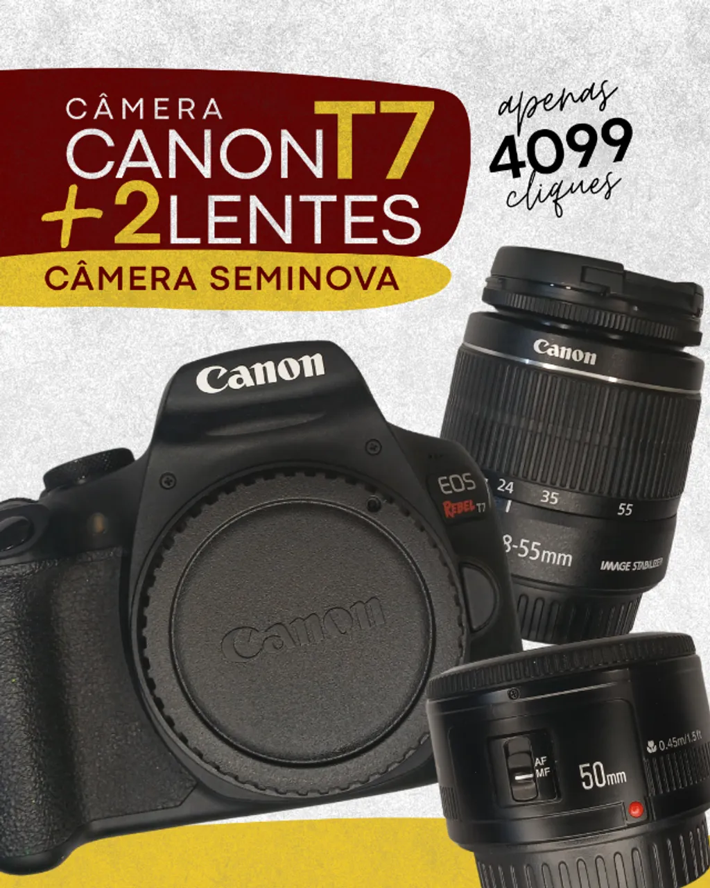 CÂMERA CANON T7 SEMINOVA + 2 LENTES