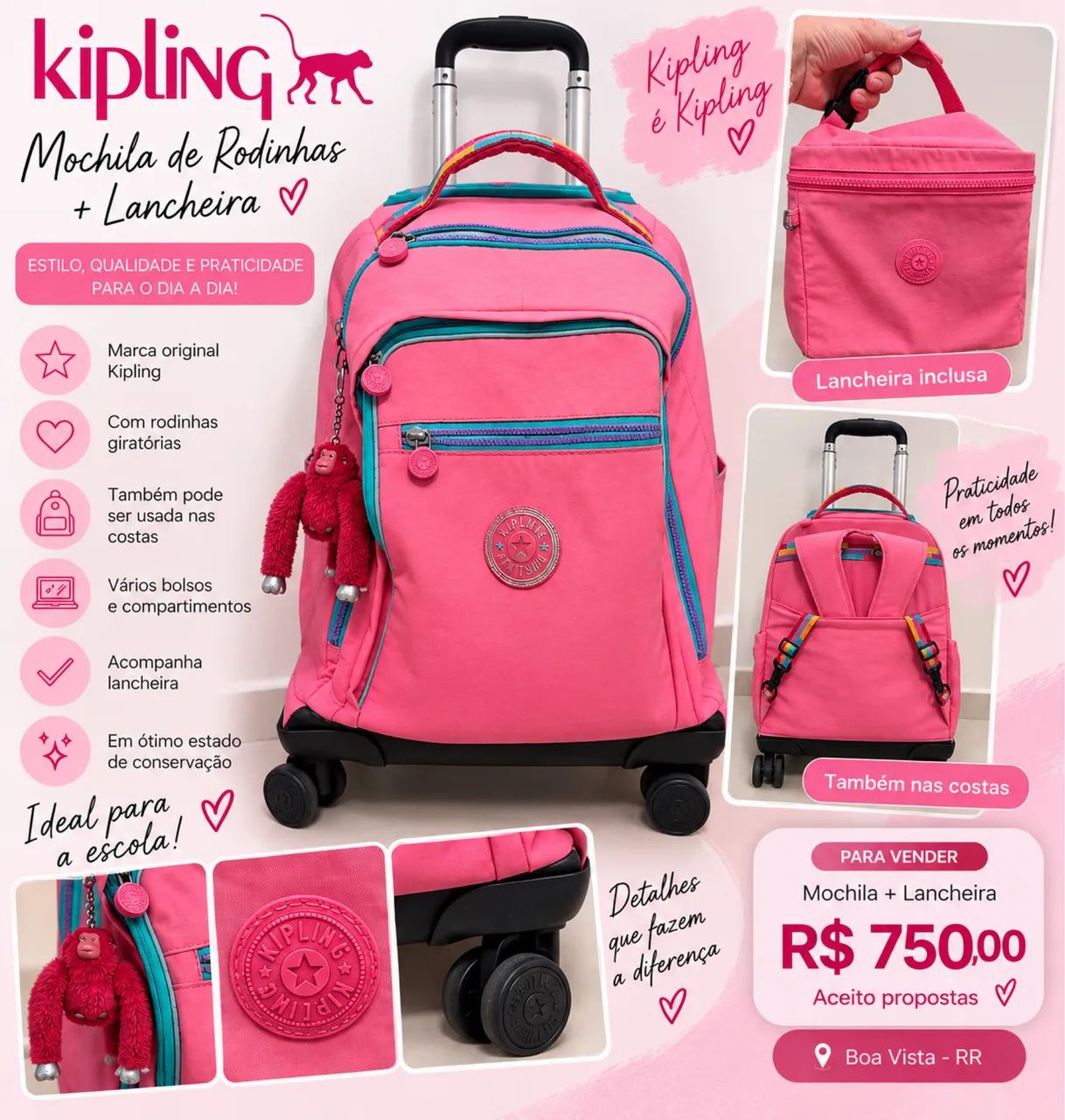 Vende-se Mochila Kipling Original modelo New Zea cor pink 
