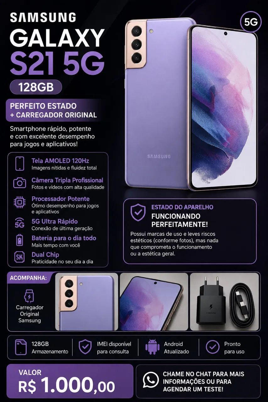 Samsung Galaxy S21 5G 128GB - Perfeito Estado + Carregador