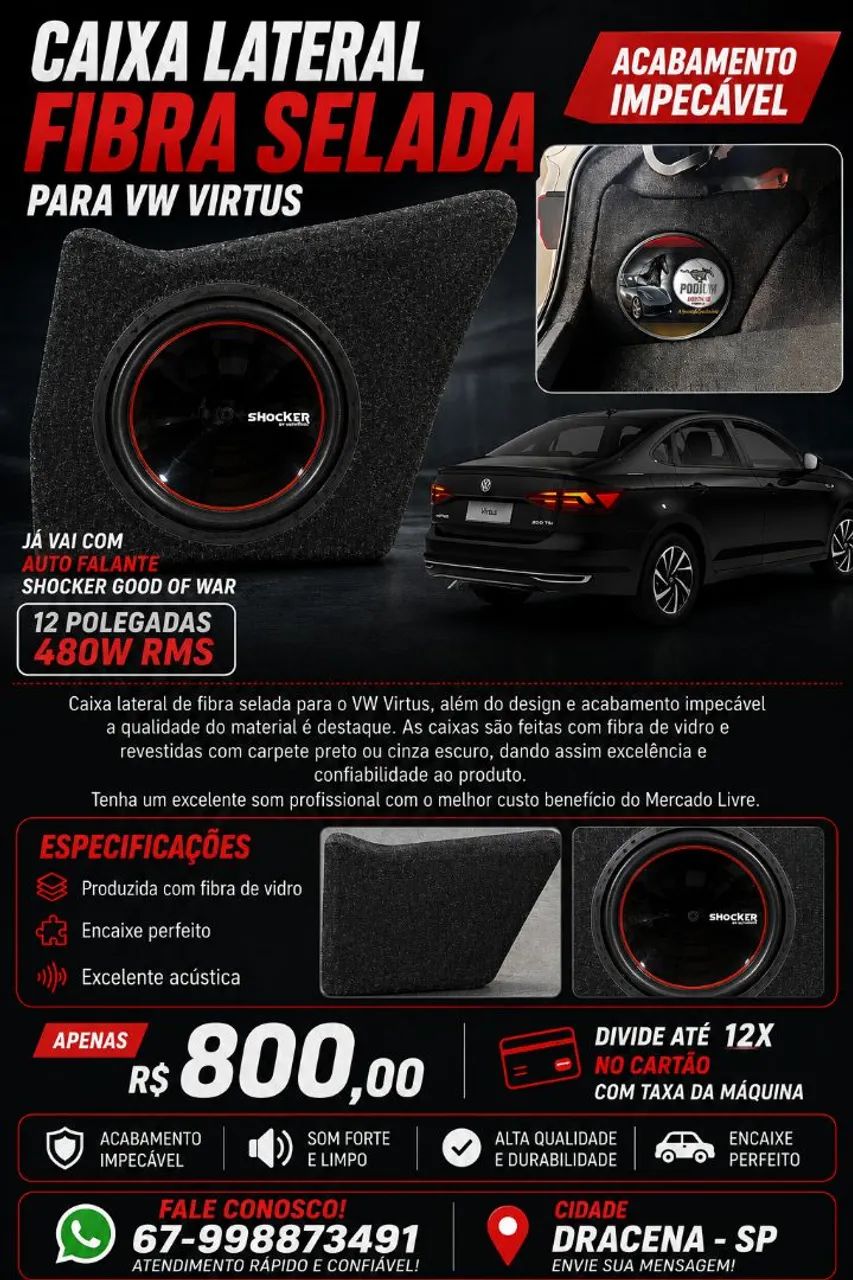 Caixa de som 12 polegadas. Caixa de fibra moldada para vw Virtus