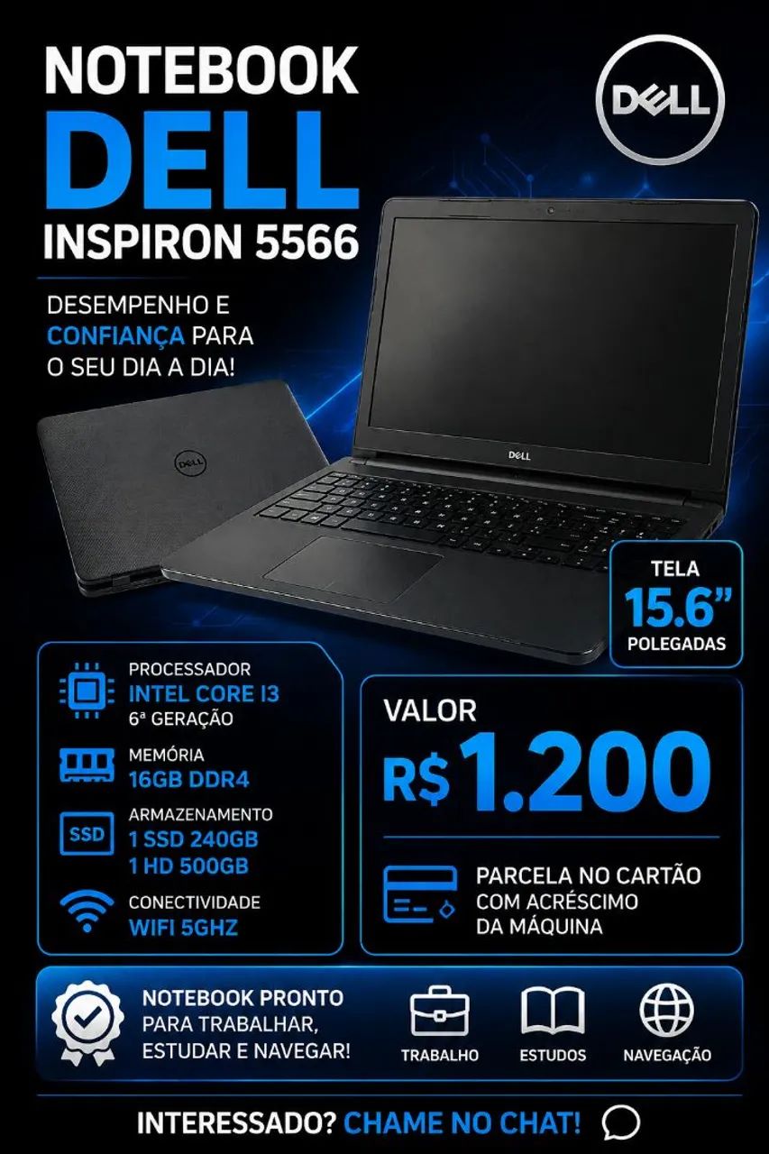 Notebool dell inspiron 5566 i3 6 geração, 16 ram 