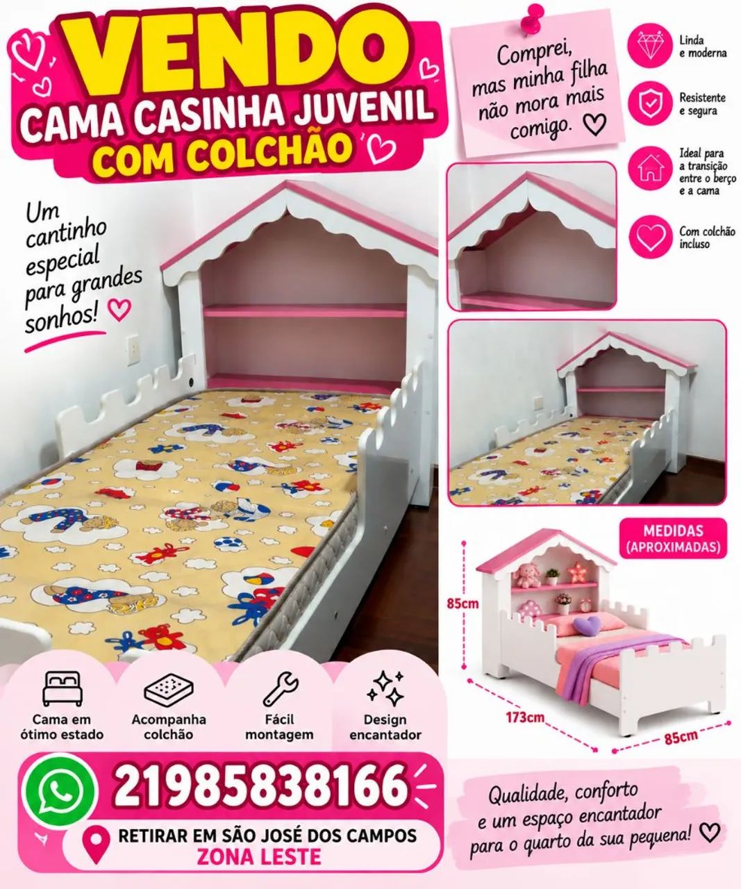Cama infantil Juvenil Casinha Rosa 
