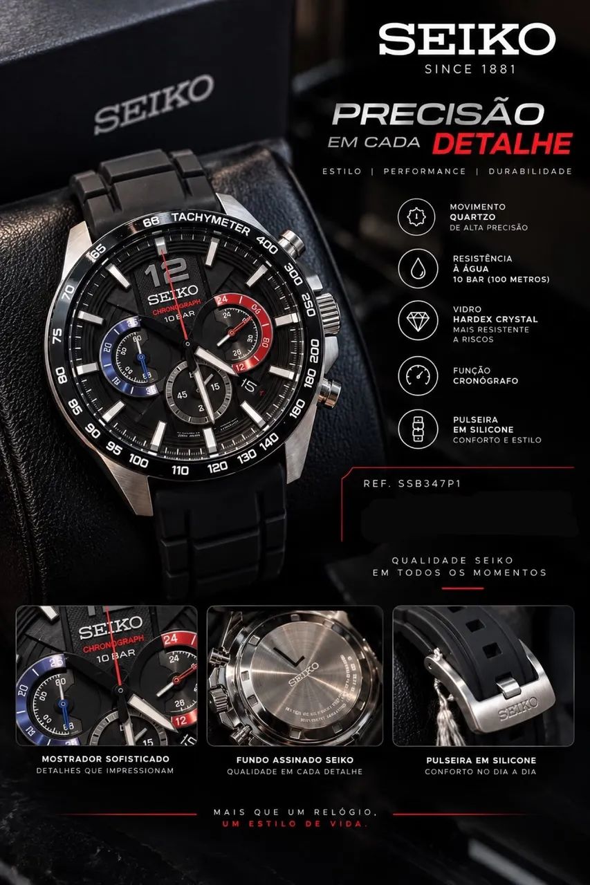 Seiko SSB347P1 Chronograph Original - 10 BAR - Hardlex - Quartzo
