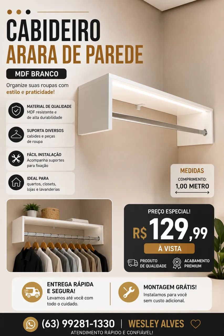Cabideiro para roupas de mdf branco resistente 1mt