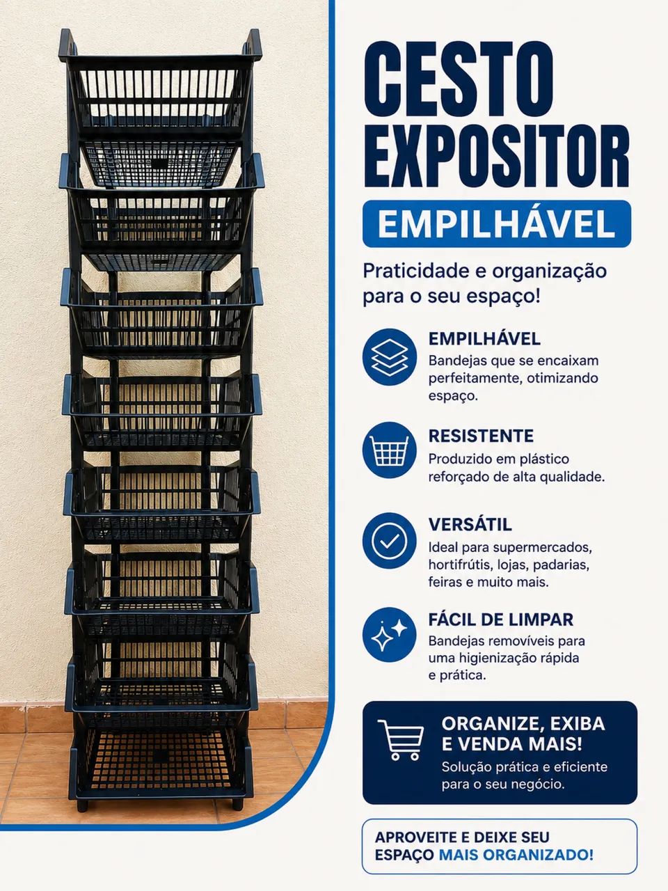 Cesto Expositor de Plástico Empilhável 
