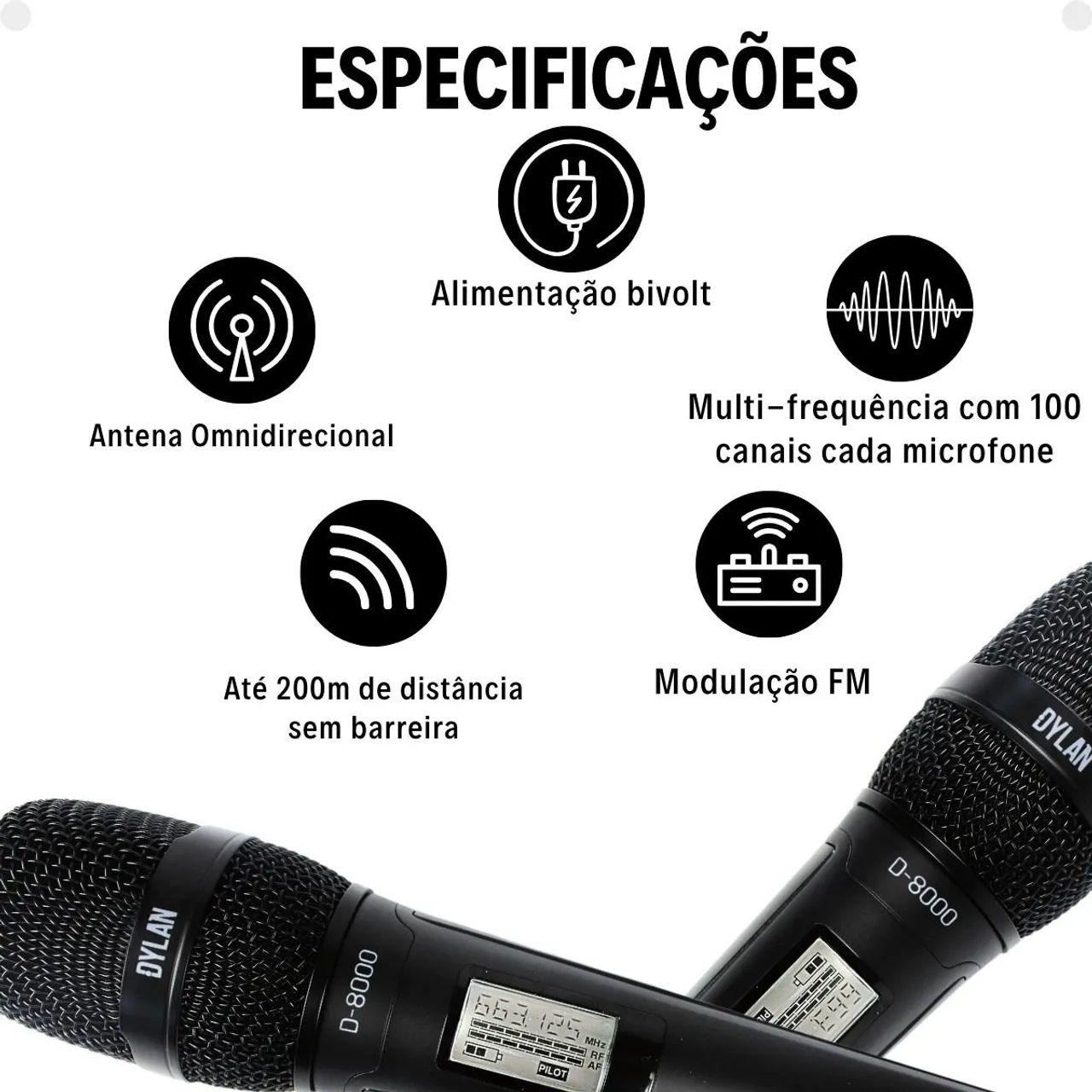 Microfone Sem Fio Duplo Dylan D-8500s Dinâmico Uhf Preto ( com Case ) - Foto 5