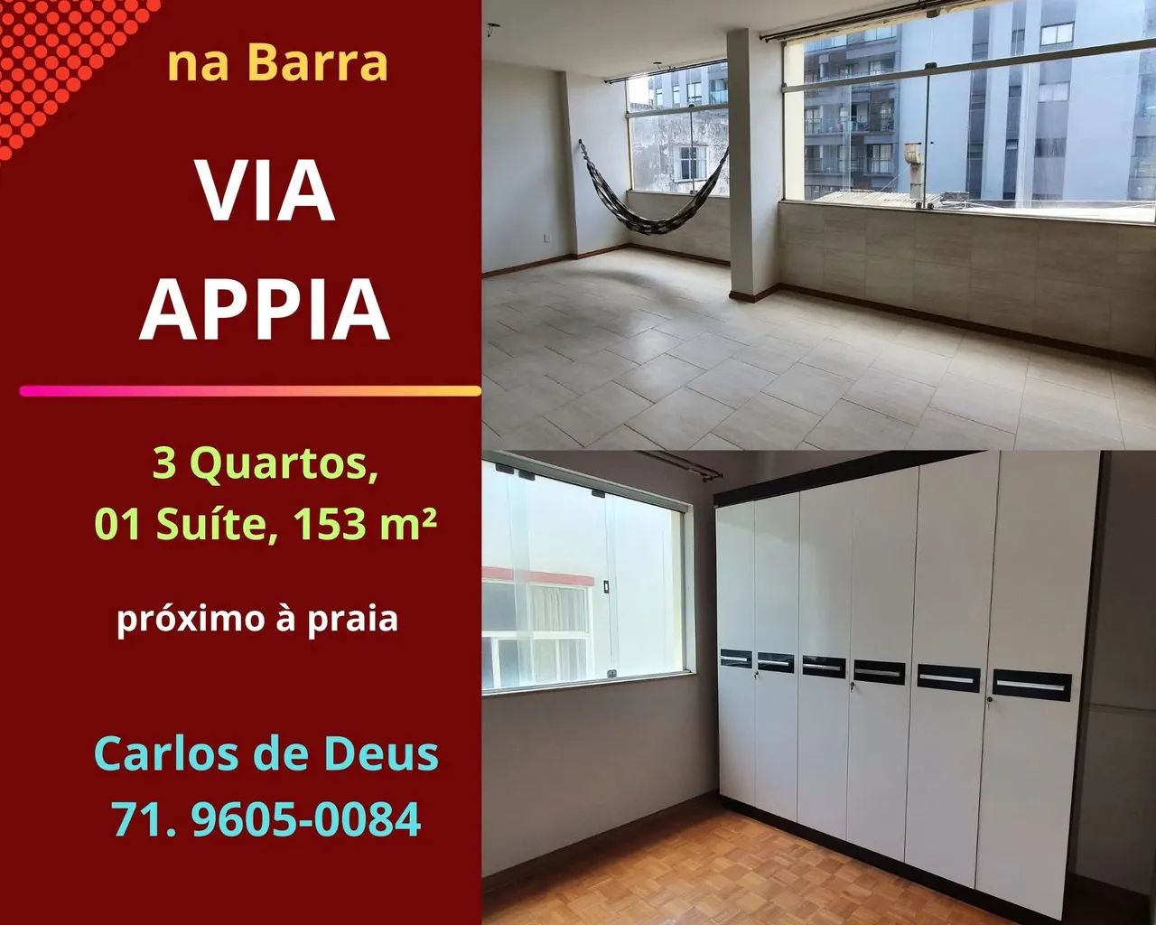 Apartamento na Barra , 3 Quartos, 1 Suíte, 153 m², 3 sanitários, sala ampla, 01 vaga,  pró