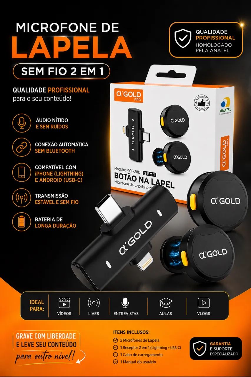 MICROFONE DE LAPELA SEM FIO ?GOLD PRO - 2 EM 1 