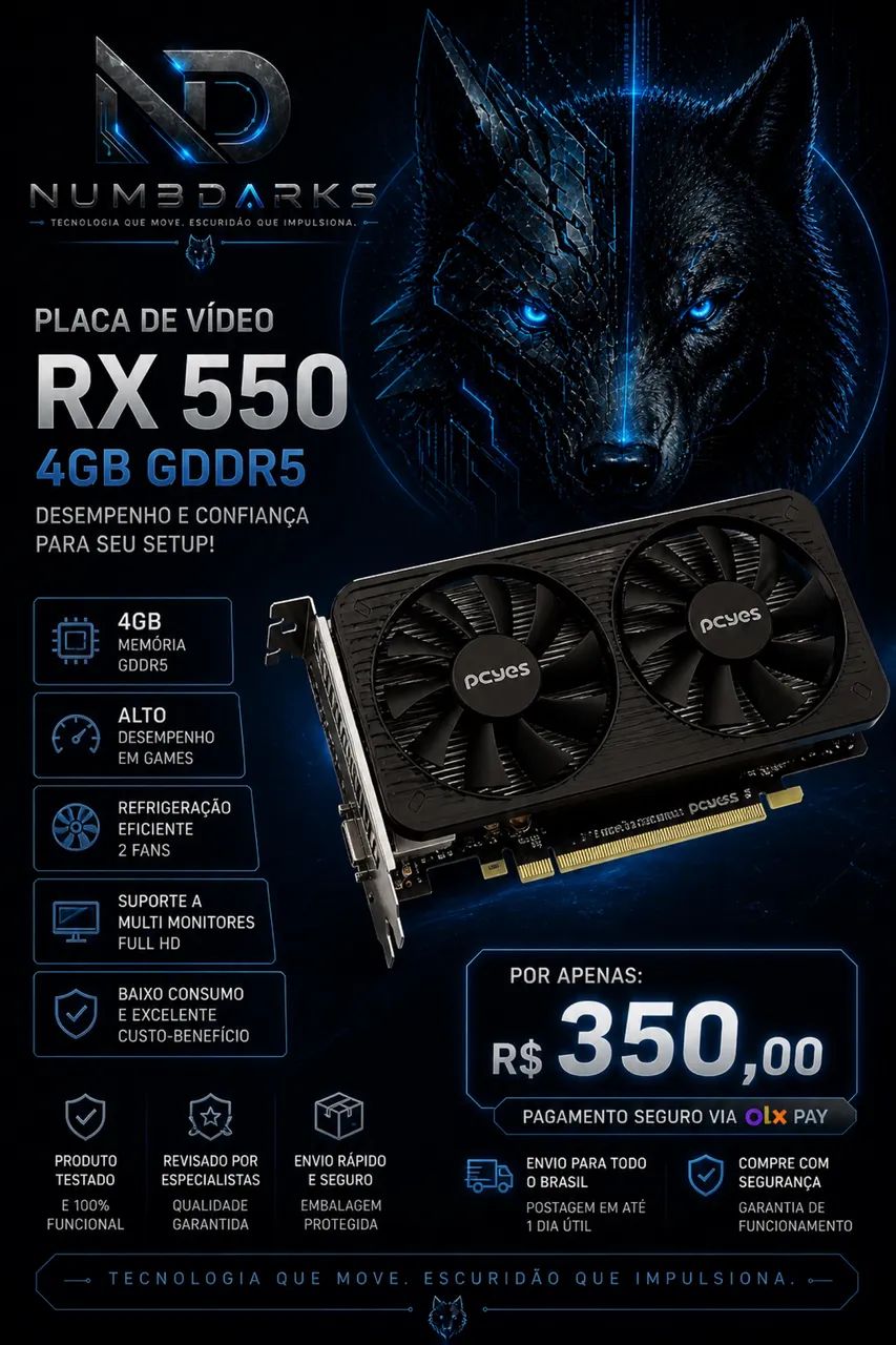 Placa de Vídeo RX 550 4GB GDDR5 PCYes Dual Fan - Ótimo Estado
