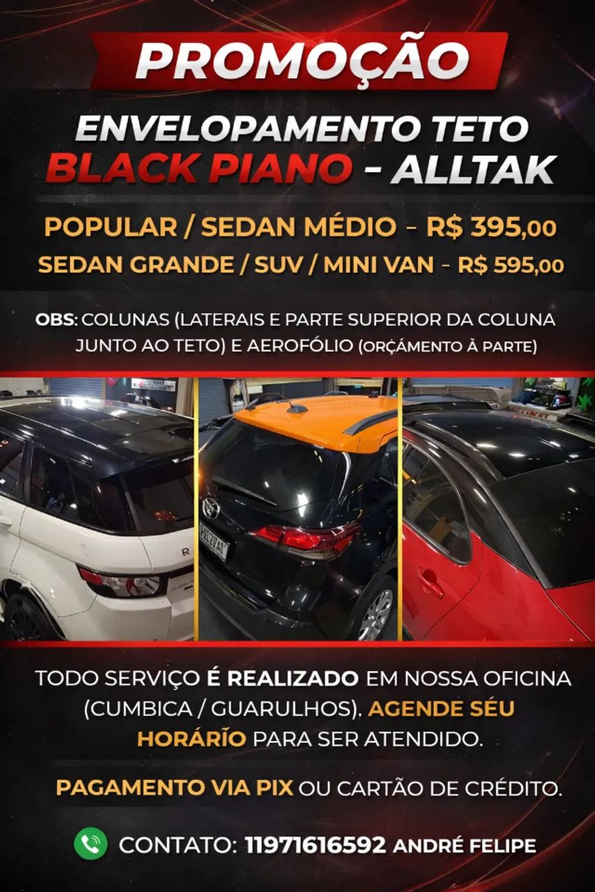 PROMOÇÃO - ENVELOPAMENTO DE TETO VEICULAR - BLACK PIANO A PARTIR DE 395
