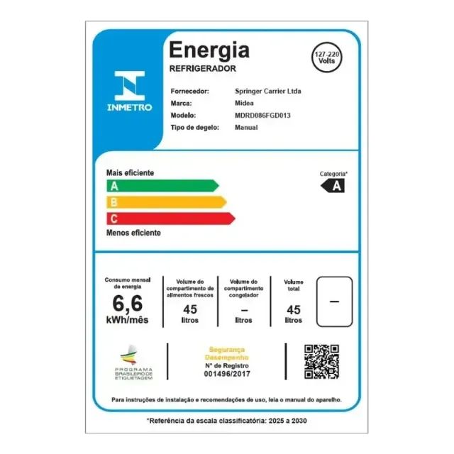 Frigobar 45 Litros Inverter 1 Porta Degelo Manual MDRD086FGD013