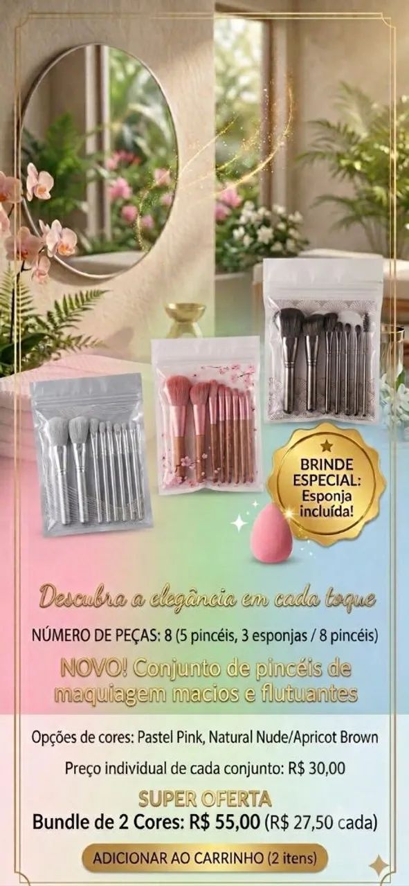 Combo Beleza kit 8 Pincéis + esponja de brinde 