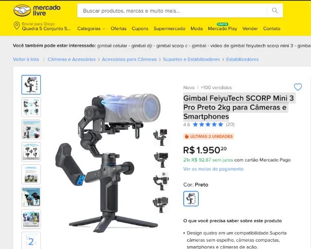 Gimbal FeiyuTech SCORP Mini 3 Pro Preto 2kg para Câmeras e Smartphones - Foto 2
