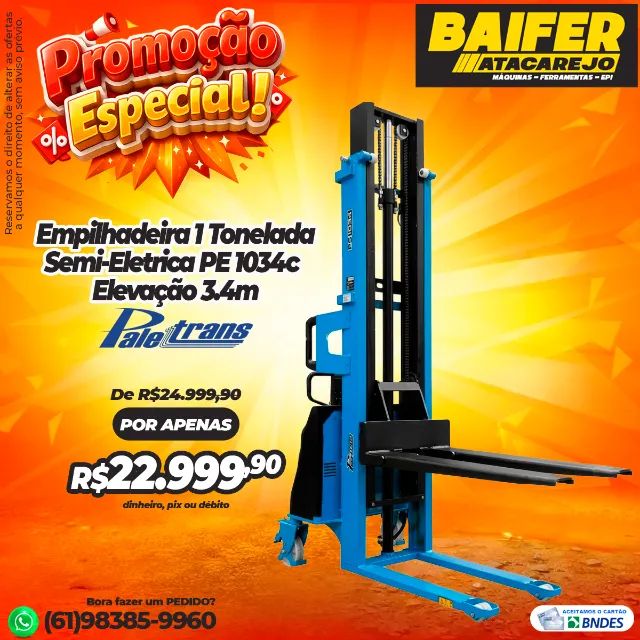 Empilhadeira Semi-Eletrica PE 1034c 1 Tonelada Elevação 3.4m Paletrans