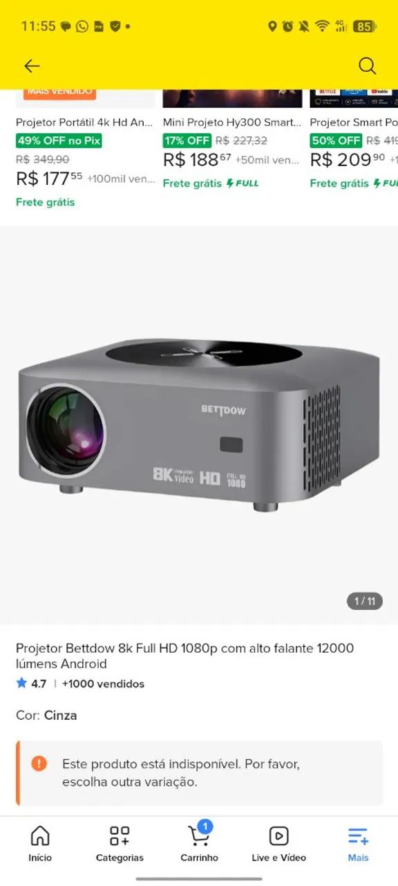 Projetor bettdow 8k 1200 lúmens 