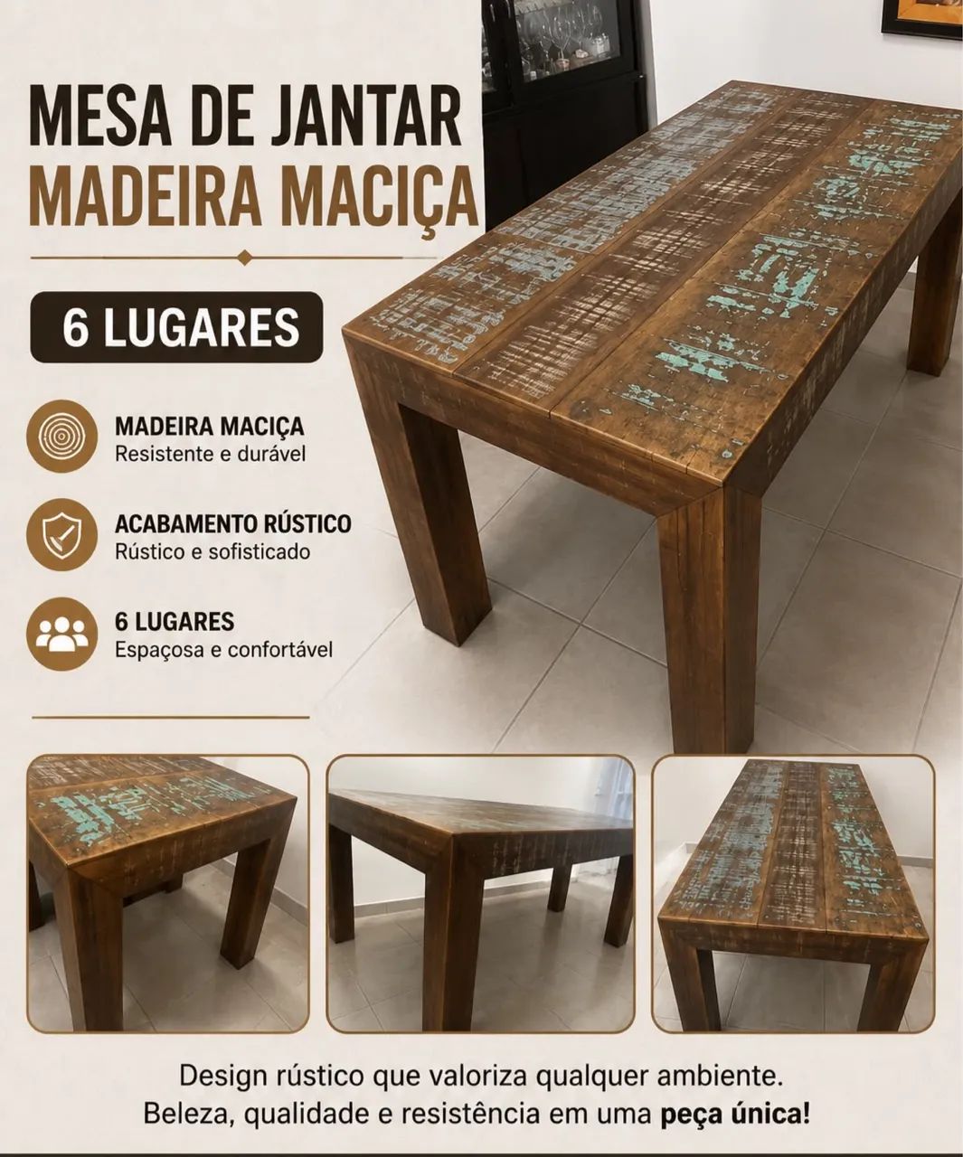 Mesa rústica 6 lugares excelente 