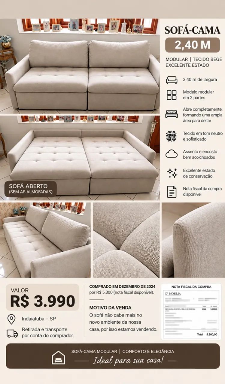 SOFÁ-CAMA MODULAR BEGE - 2,40 m | R$ 3.990,00