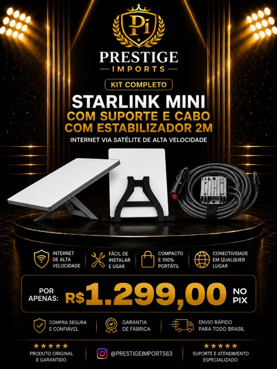 STARLINK MINI KIT VEICULAR  || STARLINK + SUPORTE INTERNO + CABO COM ESTABILIZADOR 2M