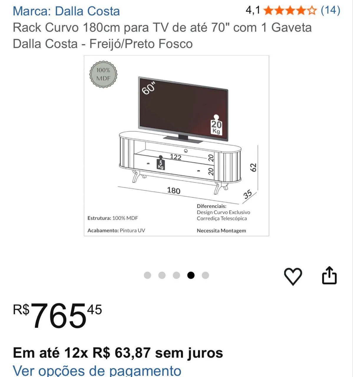 Rack Curvo 180cm para TV de até 70" com 1 Gaveta Dalla Costa - Foto 5