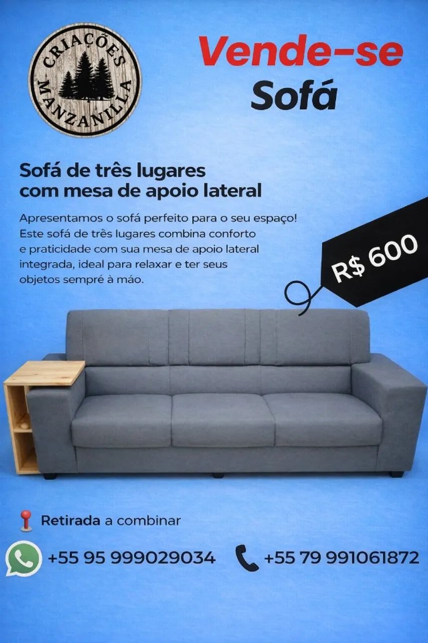 Sofá novo de três lugares com mesa de apoio latera