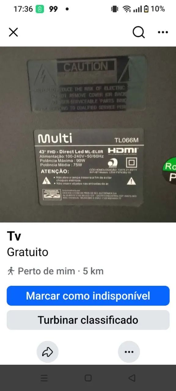 Tv multe TL066M 43 polegadas , pra retirada de peças. Caiu e quebrou a tela. 