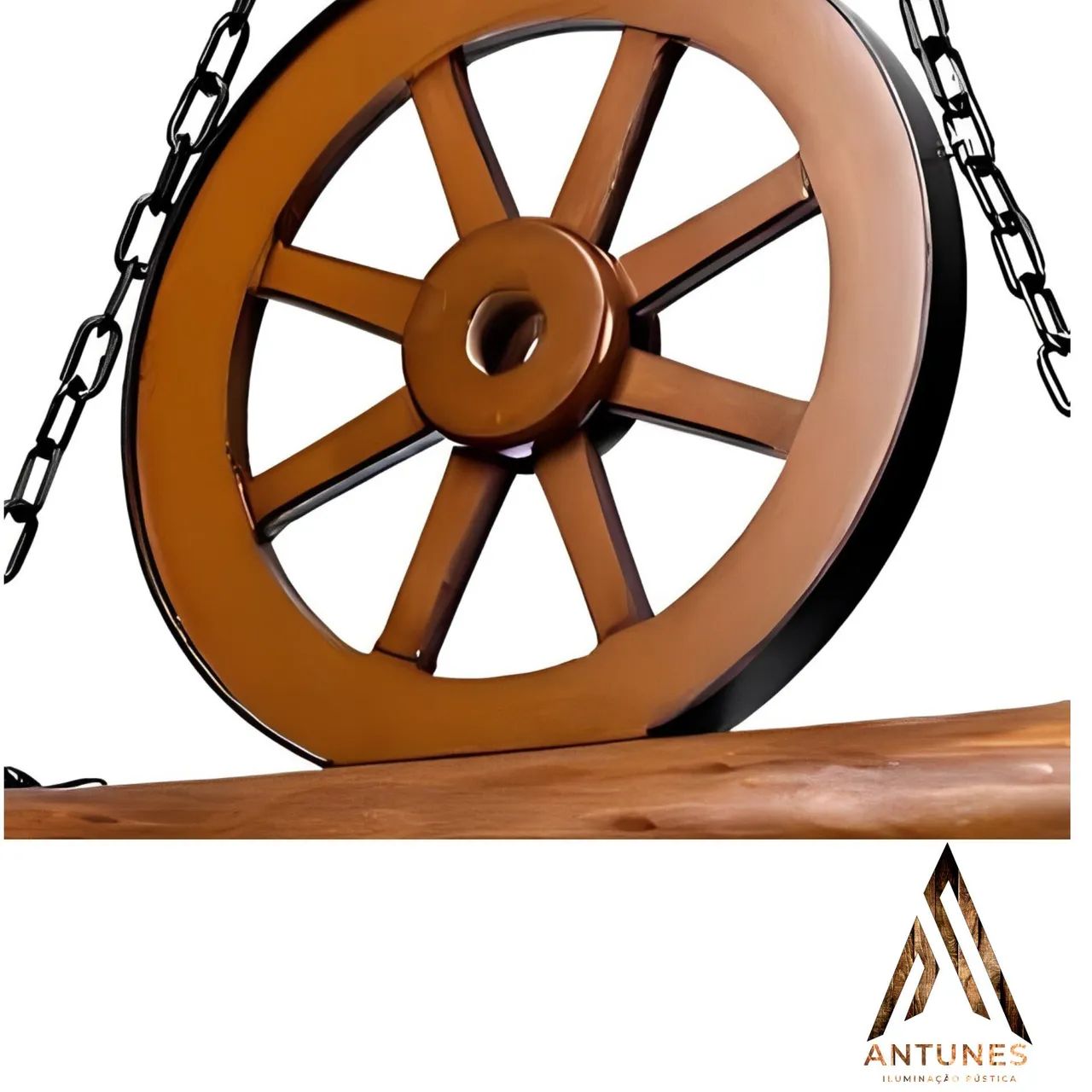 Luminária De Madeira 2 Bocal Caibro Redondo Rustico com Roda de Carroça  - Foto 5