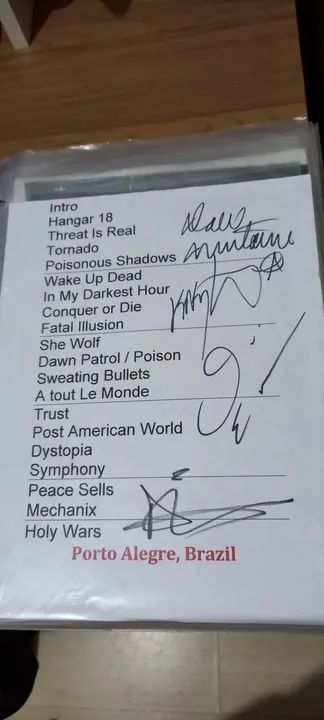 Set list autografado original Megadeth Dystopia