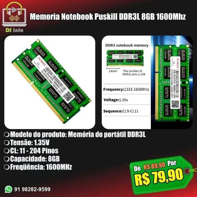 Memoria Notebook Puskill DDR3L 8GB 1600Mhz