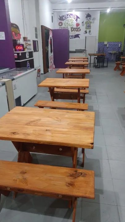 Conjunto de mesas e bancos de madeira para restaurante - Foto 4