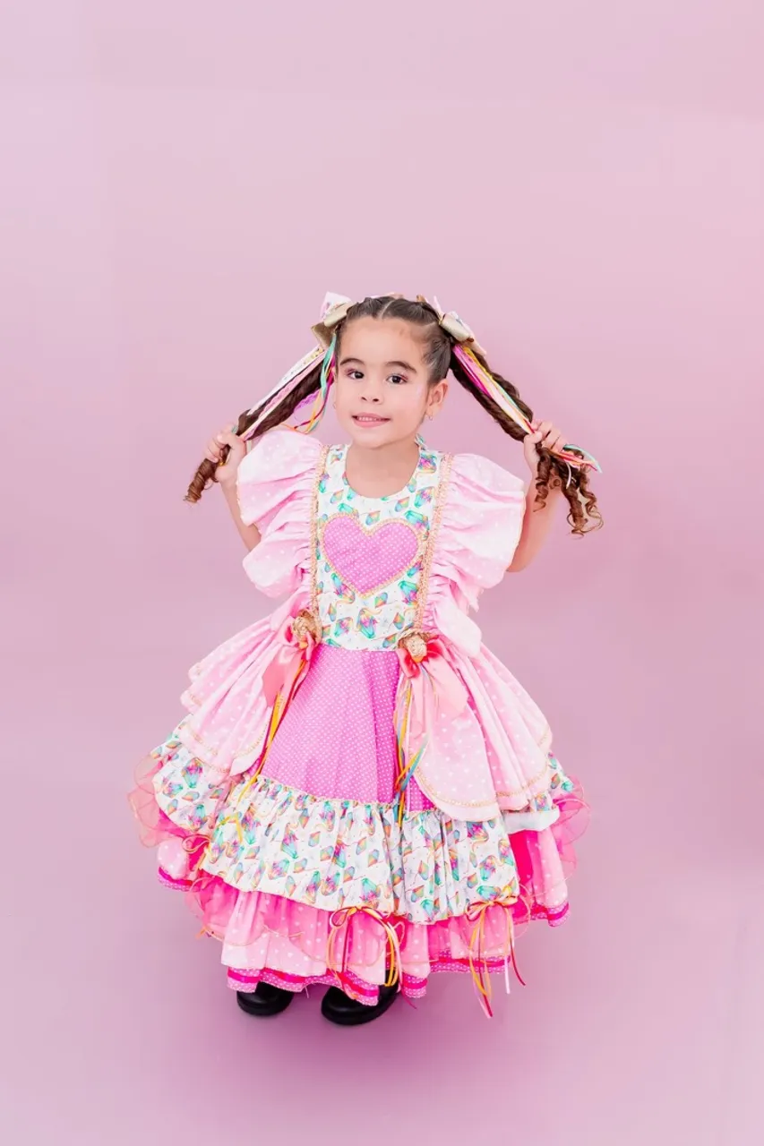 Vestido Infantil Junino Rosa com Detalhes