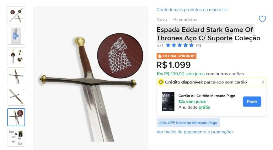 Espada Eddard Stark Game Of Thrones Aço C/ Suporte - Foto 2