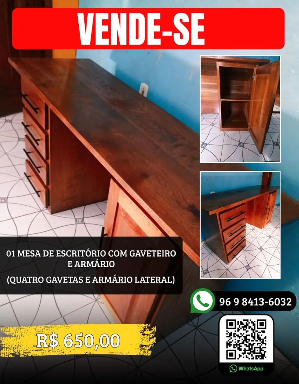 Mesa de escritório com gaveta e armário 