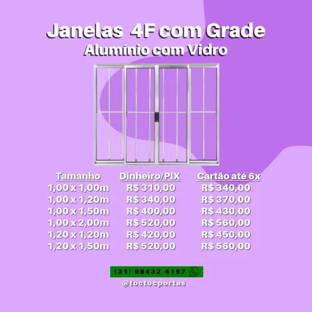 Janelas 4 Folhas com Grade - Alumínio com Vidro - Foto 2